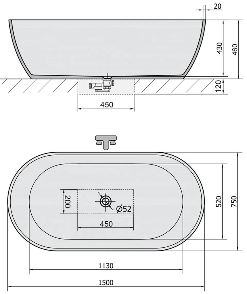 Polysan Reduta vrijstaand ligbad 150x75x46cm wit