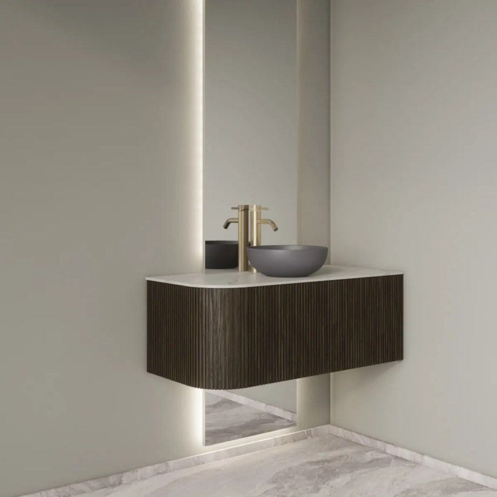 Gliss Design Alluro badmeubel ribbelfront met ronding links 100cm charcoal en wit marmer toppaneel