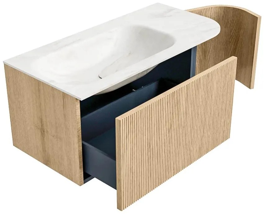 Mondiaz Kurve-dlux 95cm badmeubel ronding rechts oak met 1 lade en deur en wastafel big small links zonder kraangat ostra