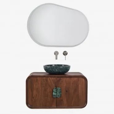 Hangend Badkamermeubelset 95x45 Cm Van Mangohout En Natuurlijke Kivalina-steen Ovaal Led En Anticondens 100x80 Cm Riben & Geborsteld Grijs Ingebed Met