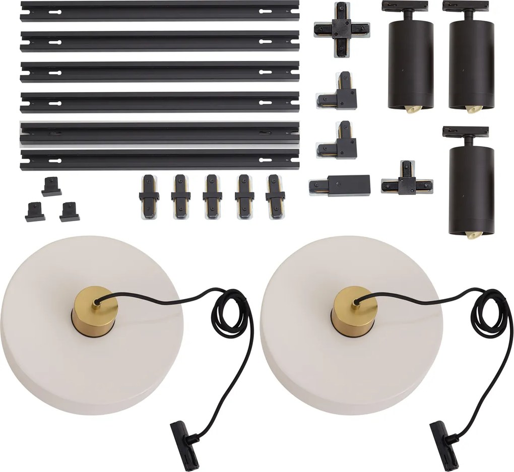 Modern railsysteem zwart met 2 hanglampen wit en 3 spots 1-fase - Iconic Jeana Luxe Jina