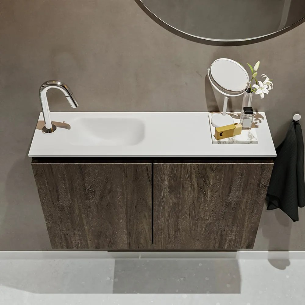 Mondiaz Ture 80cm toiletmeubel dark brown met wastafel talc links 1 kraangat