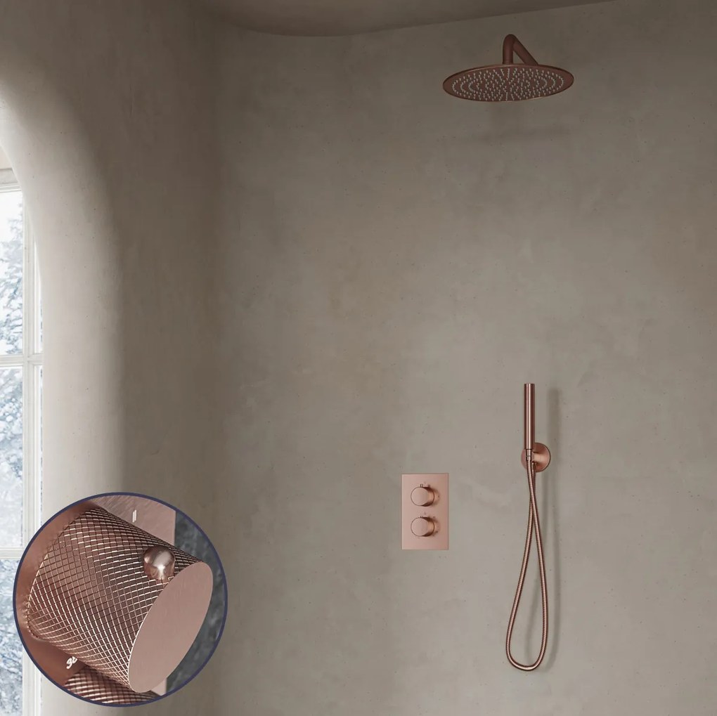 Saniclear Copper Curved inbouw regendouche met 30cm hoofddouche en muurarm geborsteld koper
