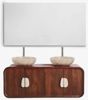 Dubbel Zwevend Badkamermeubelset 130x45 Cm Van Mangohout En Natuurlijke Kivalina-steen Travertijn - Donker Mangohout & 2 X Ronde Travertijn Ø40 -