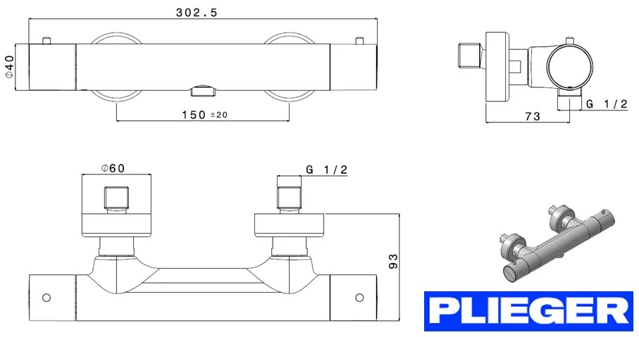 Plieger Napoli thermostatische douchekraan met cold-touch RVS