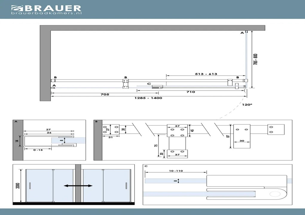 Brauer Stellar douchecabine met draaideur 140x80cm zwart mat