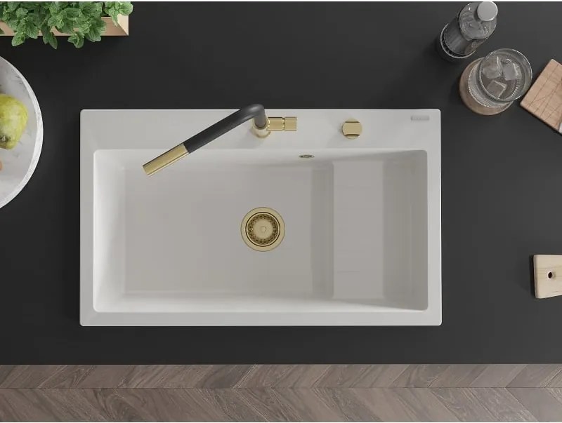 Mexen Omar granieten gootsteen 1-komorige 800 x 480 mm, wit, gouden sifon - 6520801005-20-G
