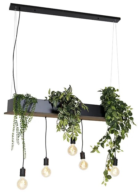 Landelijke hanglamp zwart met hout 5-lichts - Flair