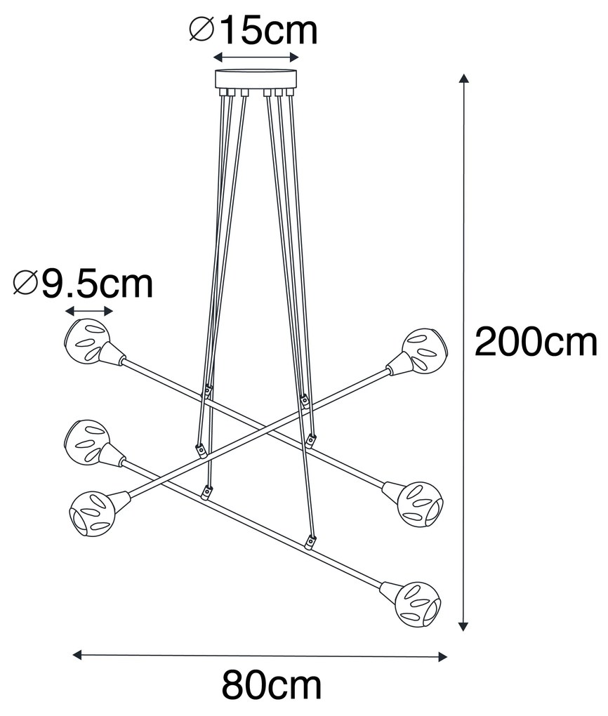 Hanglamp zwart met messing en smoke glas 6-lichts - Vidro