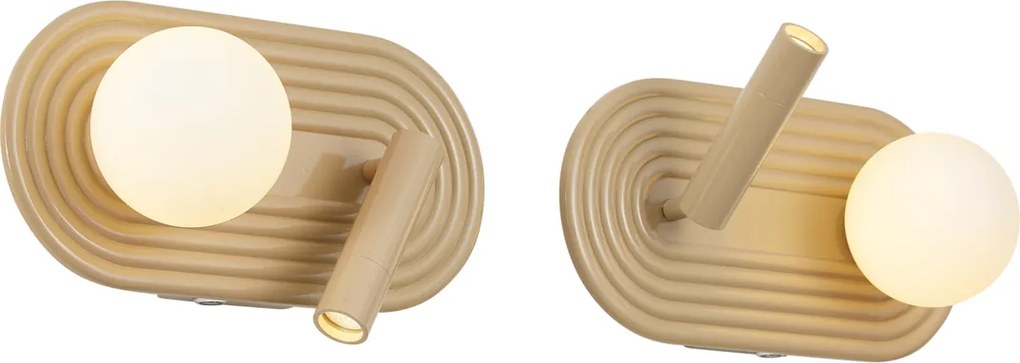 Set van 2 retro wandlampen taupe met opaal en USB-C - Lila
