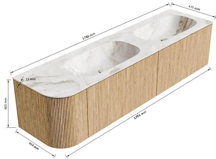 Mondiaz Kurve-dlux 175cm badmeubel ronding links oak met 2 lades en 1 deur en wastafel stor small dubbel/rechts zonder kraangat frappe