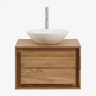 Jabari Teakhouten Badkamermeubelset Teakhout & Rond Cement Wit Ø40 Cm Zavion & Spiegelloze & Geborsteld Grijs ↑30 Cm Met - Sklum