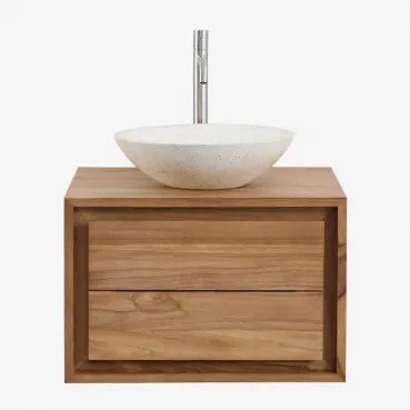 Jabari Zwevend Badkamermeubelset Van Teakhout Teakhout & Rond Cement Wit Ø40 Cm Zavion & Spiegelloze & Geborsteld Grijs ↑30 Cm - Sklum