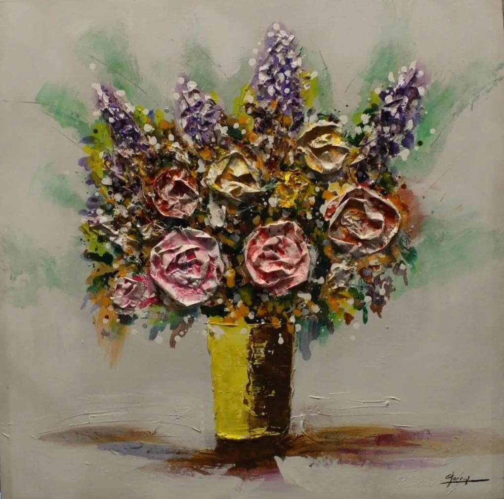 Schilderij - Handgeschilderd - Bos bloemen 80x80cm