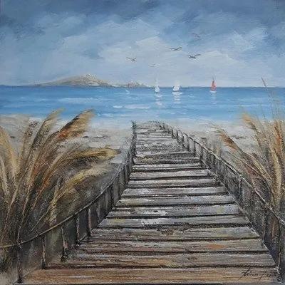 Schilderij -Handgeschilderd - Pad naar het strand - blauw bruin - 100x100cm