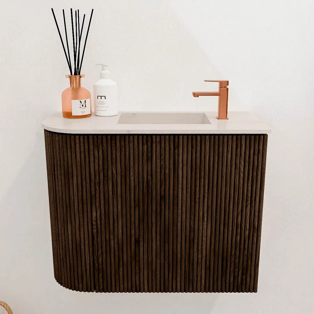 Mondiaz Joya DLux 50cm toiletmeubel ronding links walnut met wastafel faye rechts 1 kraangat meli