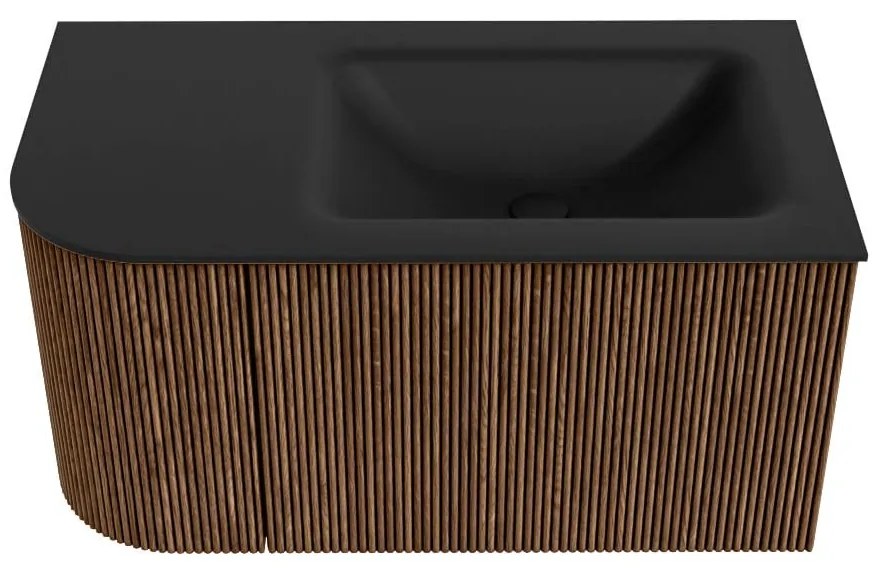 Mondiaz Kurve 85cm badmeubel ronding links walnut met 1 lade en deur en wastafel cloud rechts zonder kraangat urban