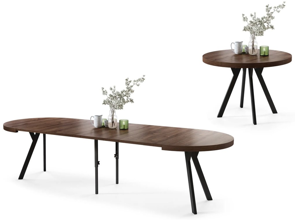 EXPANSO Bruine eik/zwarte poten - GROTE RONDE TAFEL Ø110 UITBREIDBAAR TOT 310 cm met Y-POTEN LOFT/INDUSTRIAL