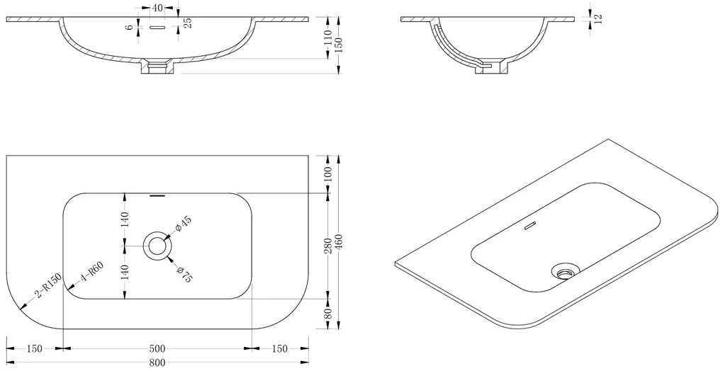 Lambini Designs Eleganza rond badmeubel 80cm acacia met ribbelfront en wastafel zonder kraangat
