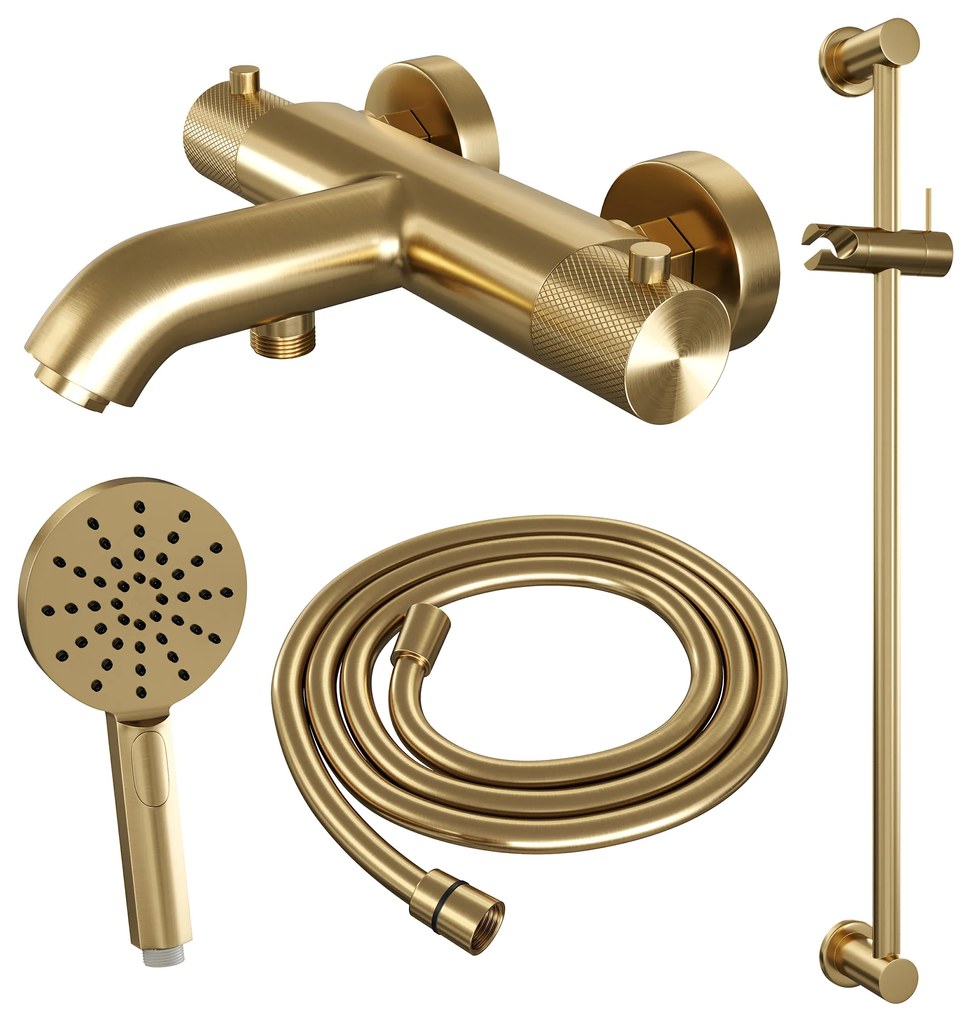 Brauer Gold Carving thermostatische badkraan met glijstang en 3 standen handdouche geborsteld messing PVD