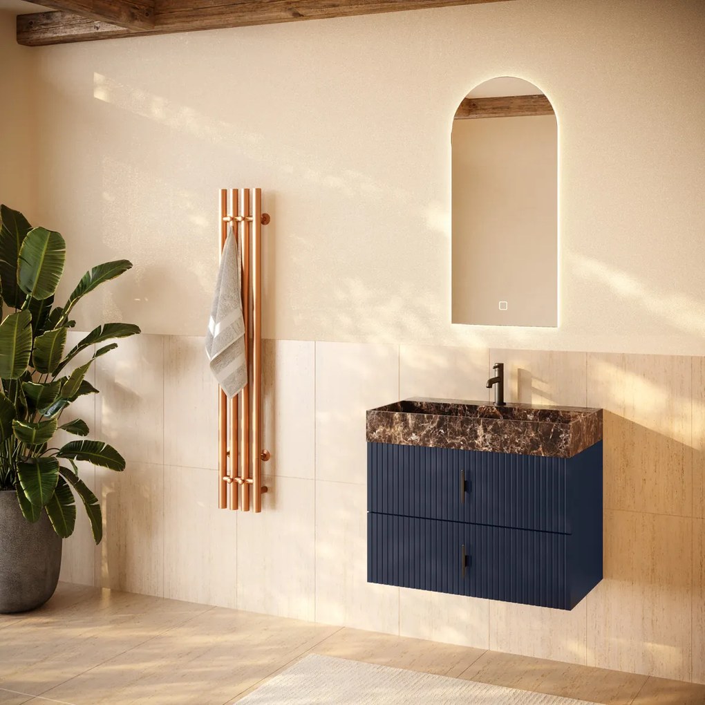 Muebles Murcia badmeubel ribbelfront 80cm marine blauw met Dark Emperador wastafel met kraangat