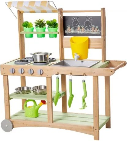 VEVOR Speelkeuken, Kinderkeuken, Speelgoedkeuken met Lepels, Spoelbak, Zonnescherm, Zwenkwielen, Kookgerei &amp; Accessoires, Houten Keuken, Ideaal voor Kinderen vanaf 3 jaar, 880x326x900 mm