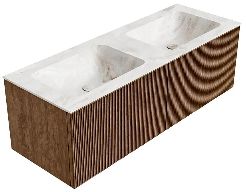 Mondiaz Kurve-dlux 130cm badmeubel walnut met 2 lades en wastafel leaf dubbel 2 kraangaten frappe