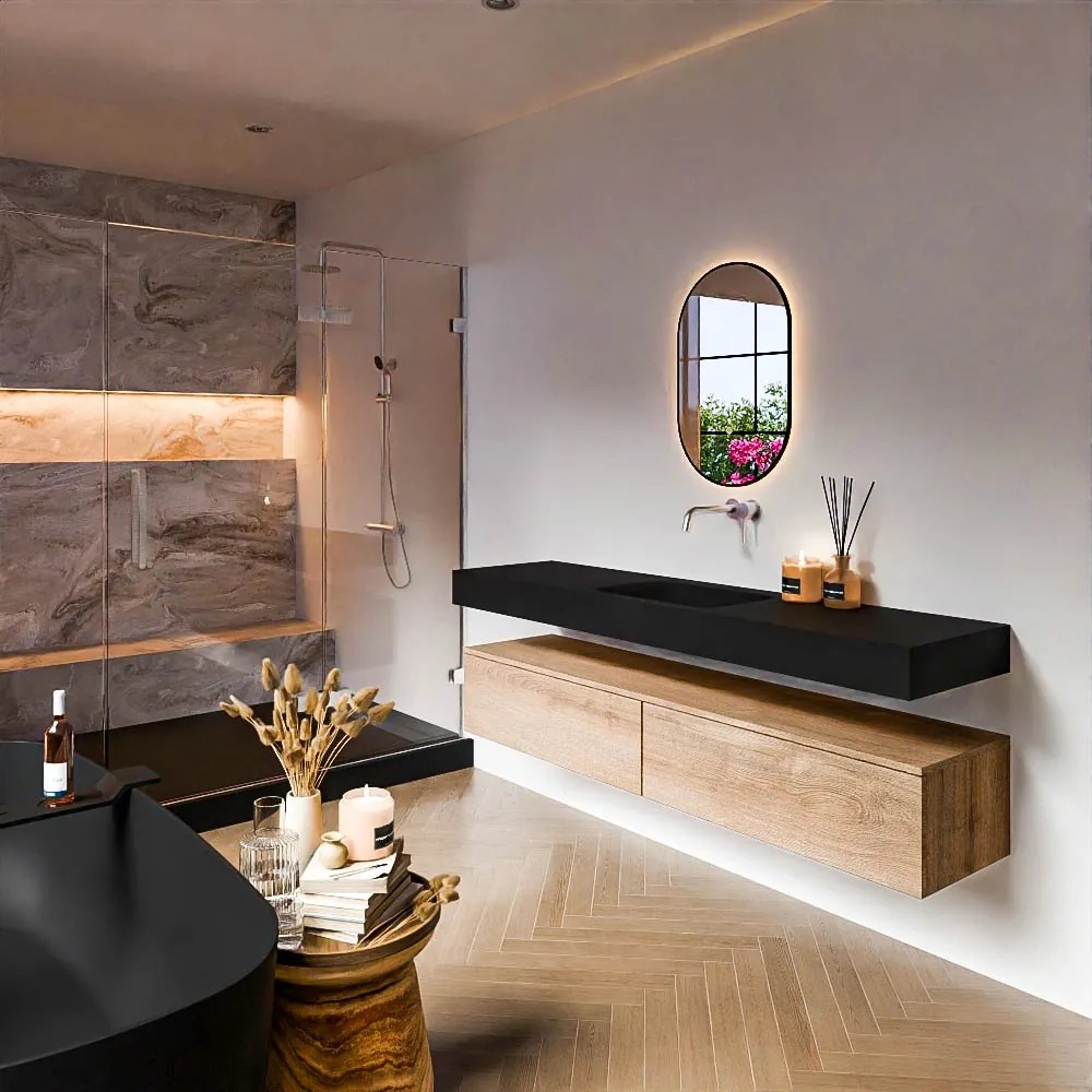 Zaro Alan badmeubel 180cm washed oak 2 lades met vrijhangende wastafel cloud midden zonder kraangat urban