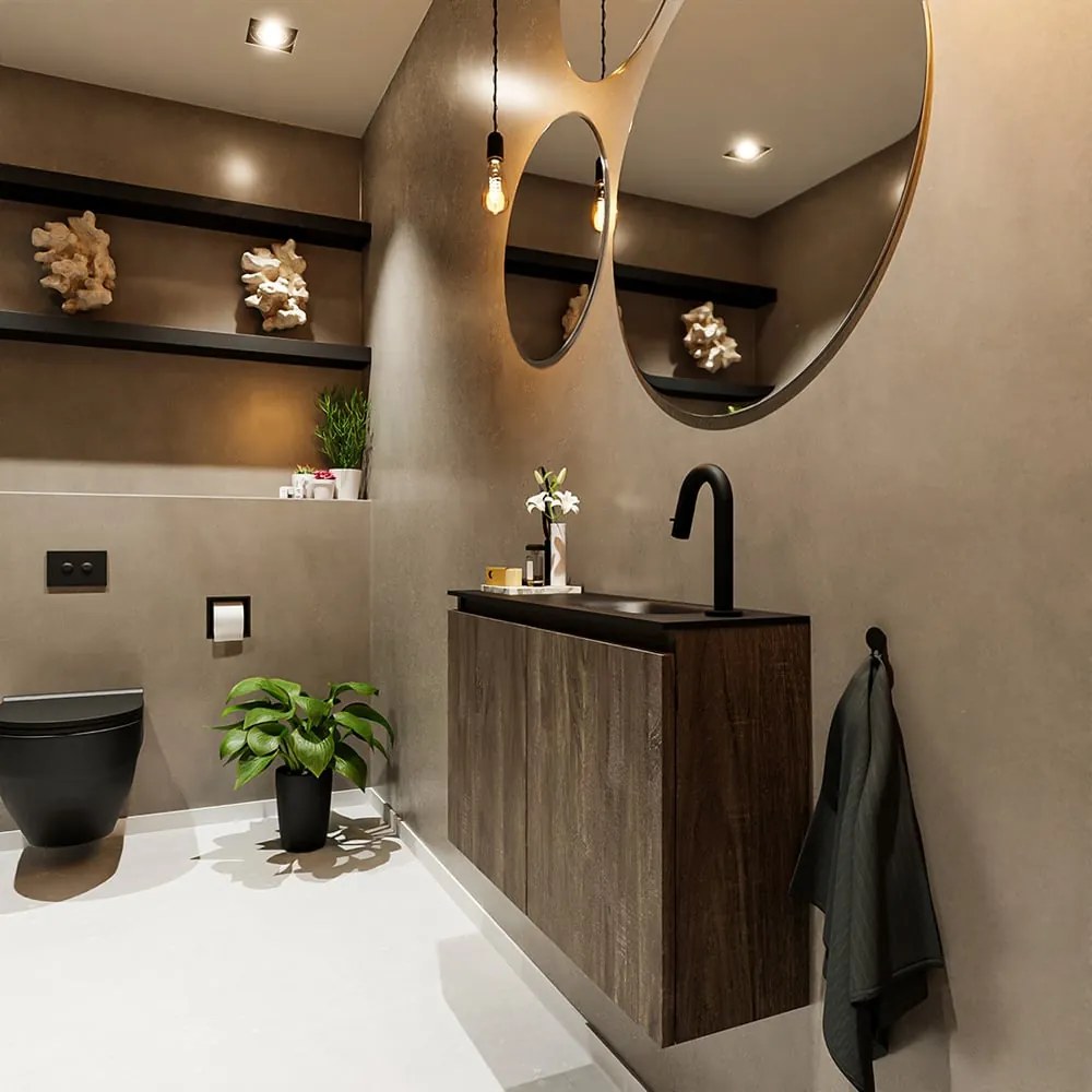 Mondiaz Ture 80cm toiletmeubel dark brown met wastafel urban rechts 1 kraangat