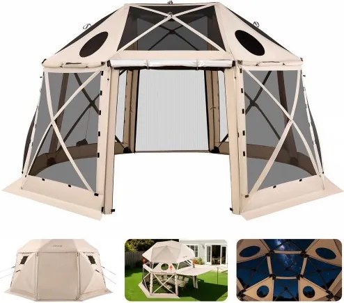 VEVOR Pop-up Paviljoen, 4,57 x 4,57 m, 13-zijdige, bolvormige kampeertent met afneembaar dak en draagtas, 360° ventilatie, zonnescherm, partytent voor 12-15 personen, beige