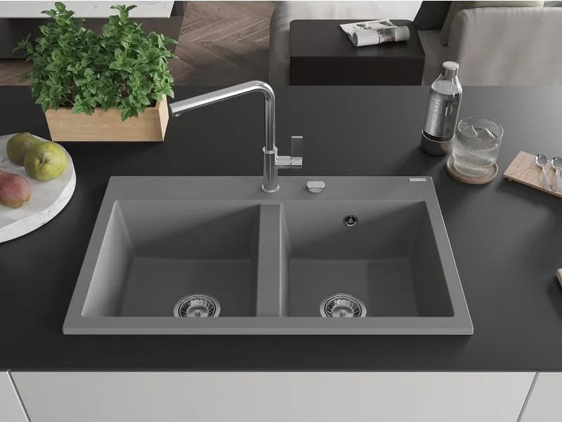 Mexen Hektor granieten gootsteen 2-kamer 800 x 480 mm, grijs, chrom sifon - 6521802000-71