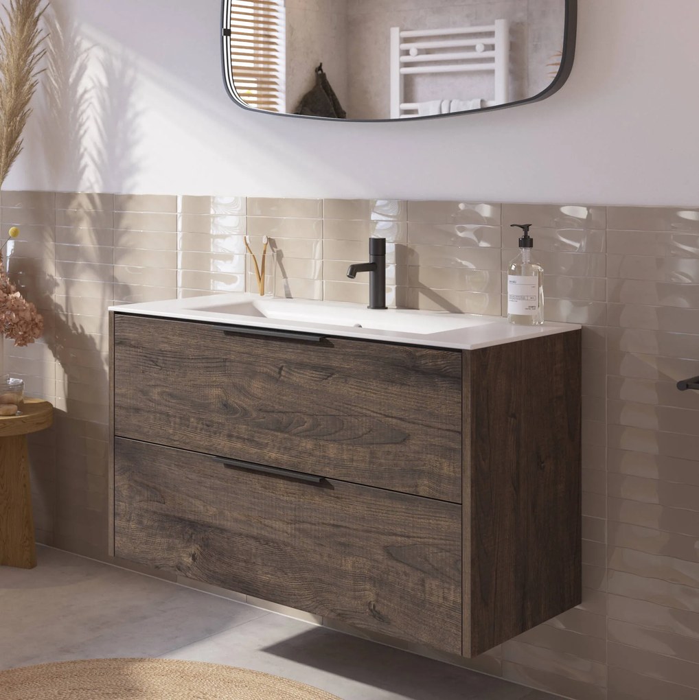 Saqu Lima badmeubel incl. keramische wastafel 100x46x61cm kasteel bruin – mat zwarte greep