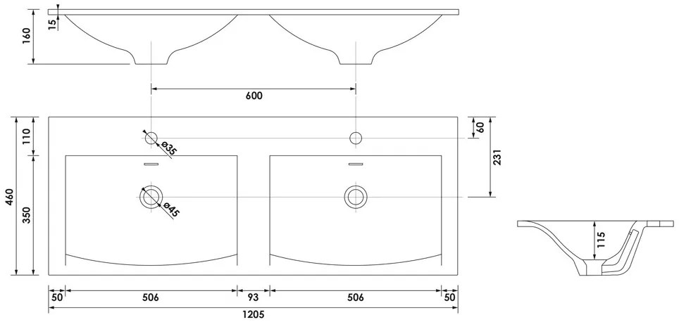 Brauer Glacier dubbele wastafel fine stone 120cm met kraangaten wit mat