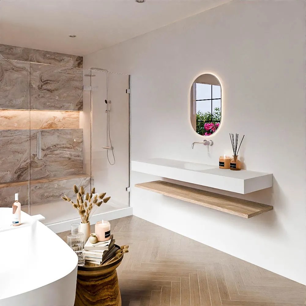Zaro Alan badmeubel 160cm met planchet washed oak en vrijhangende wastafel cloud midden zonder kraangat talc