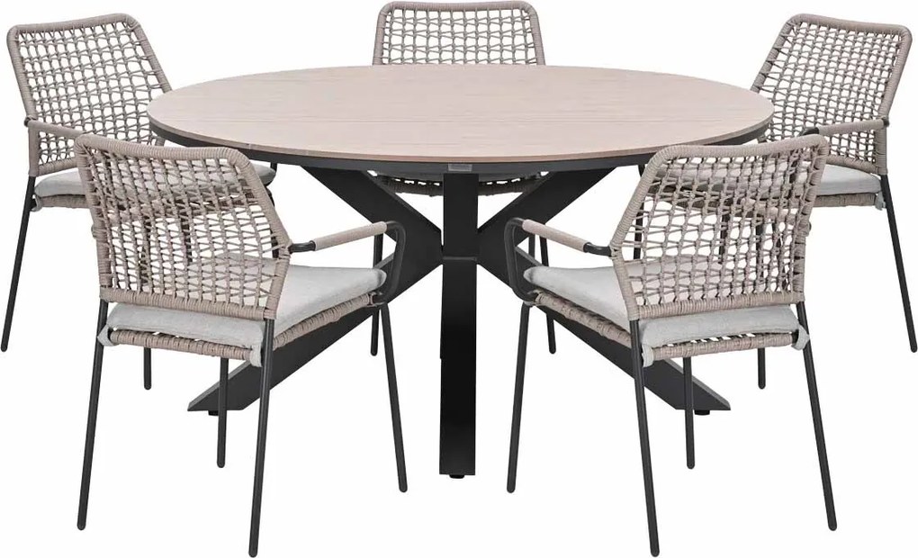 Garden Impressions Natas tuinset sand 6-delig - Tulli tuintafel light teak look Ø148 cm