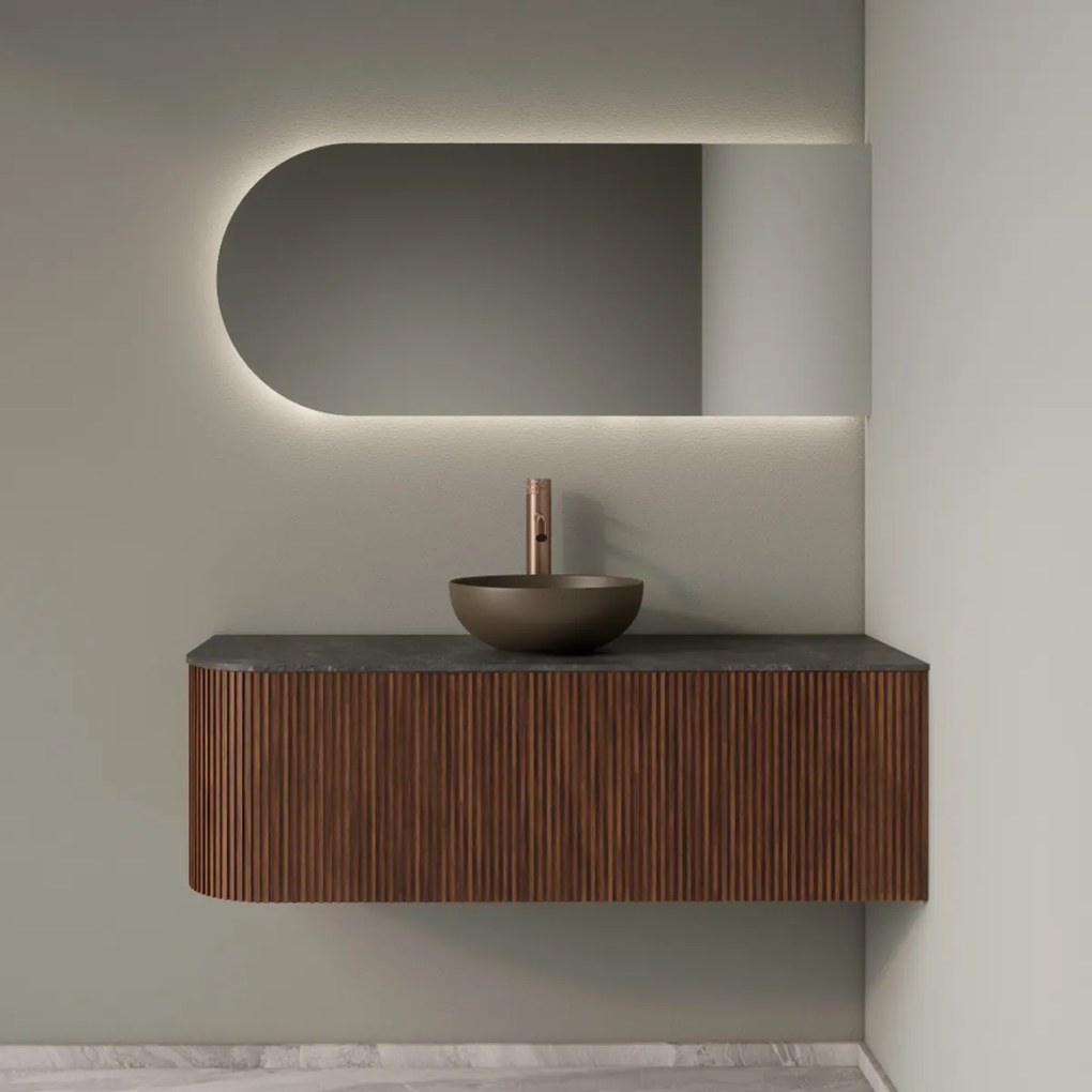 Gliss Design Alluro badmeubel ribbelfront met ronding links 120cm walnut en zwart leisteen toppaneel