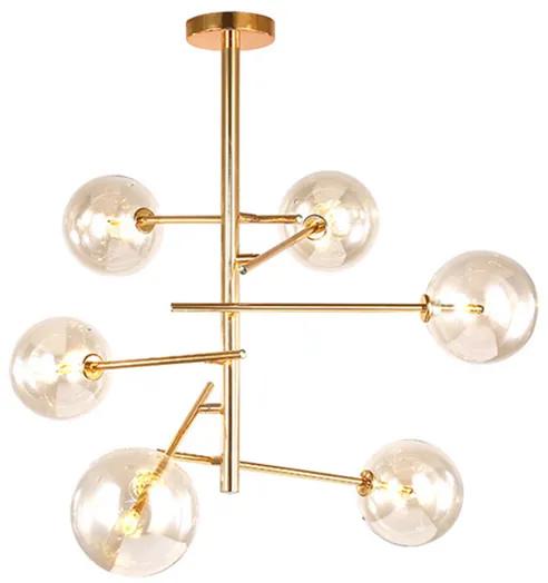 Glazen Design Hanglamp, 6 Amber Bollen, G4 Fitting, 75x80cm
