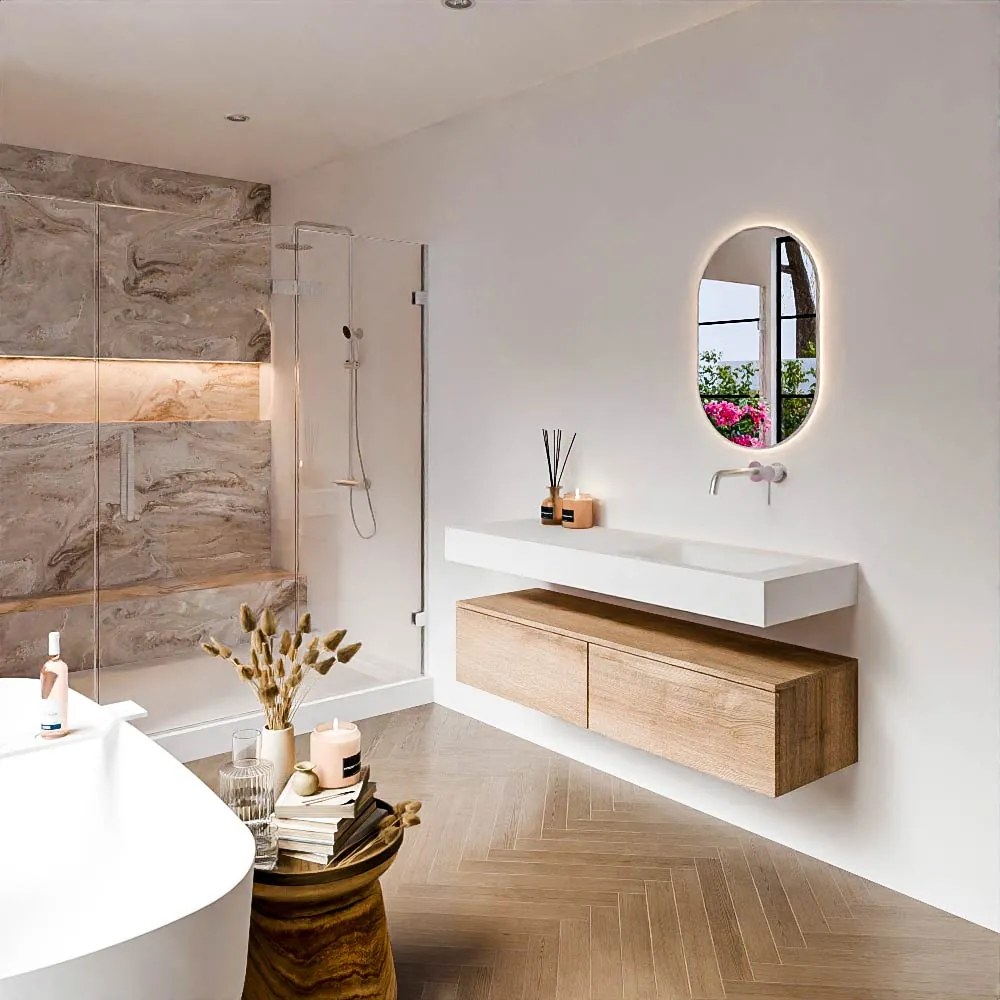 Zaro Alan badmeubel 140cm washed oak 2 lades met vrijhangende wastafel cloud rechts zonder kraangat talc