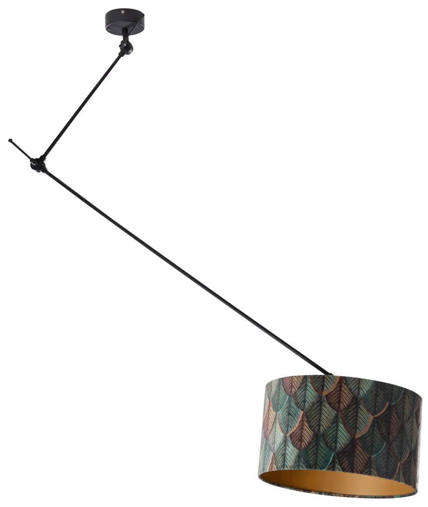Hanglamp zwart met velours lampenkap blad dessin met gouden binnenkant 40/40/40 - Blitz