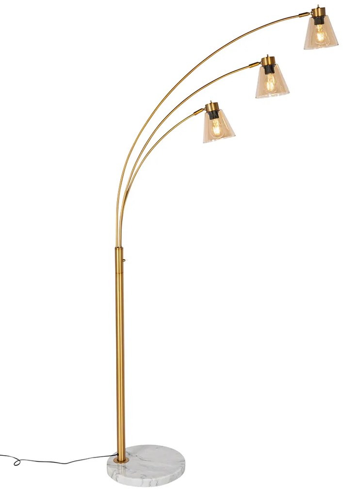 Booglamp brons met marmer en amber glas 3-lichts - Nina