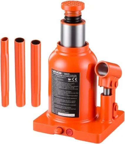VEVOR hydraulische flessenkrik met een hefvermogen van 12 ton en een hefhoogte van 152–272 mm. Geschikt voor zware pick-ups, middelzware vrachtwagens, campers en voertuigreparaties, met een verbrede voet en een driedelige lange hendel.