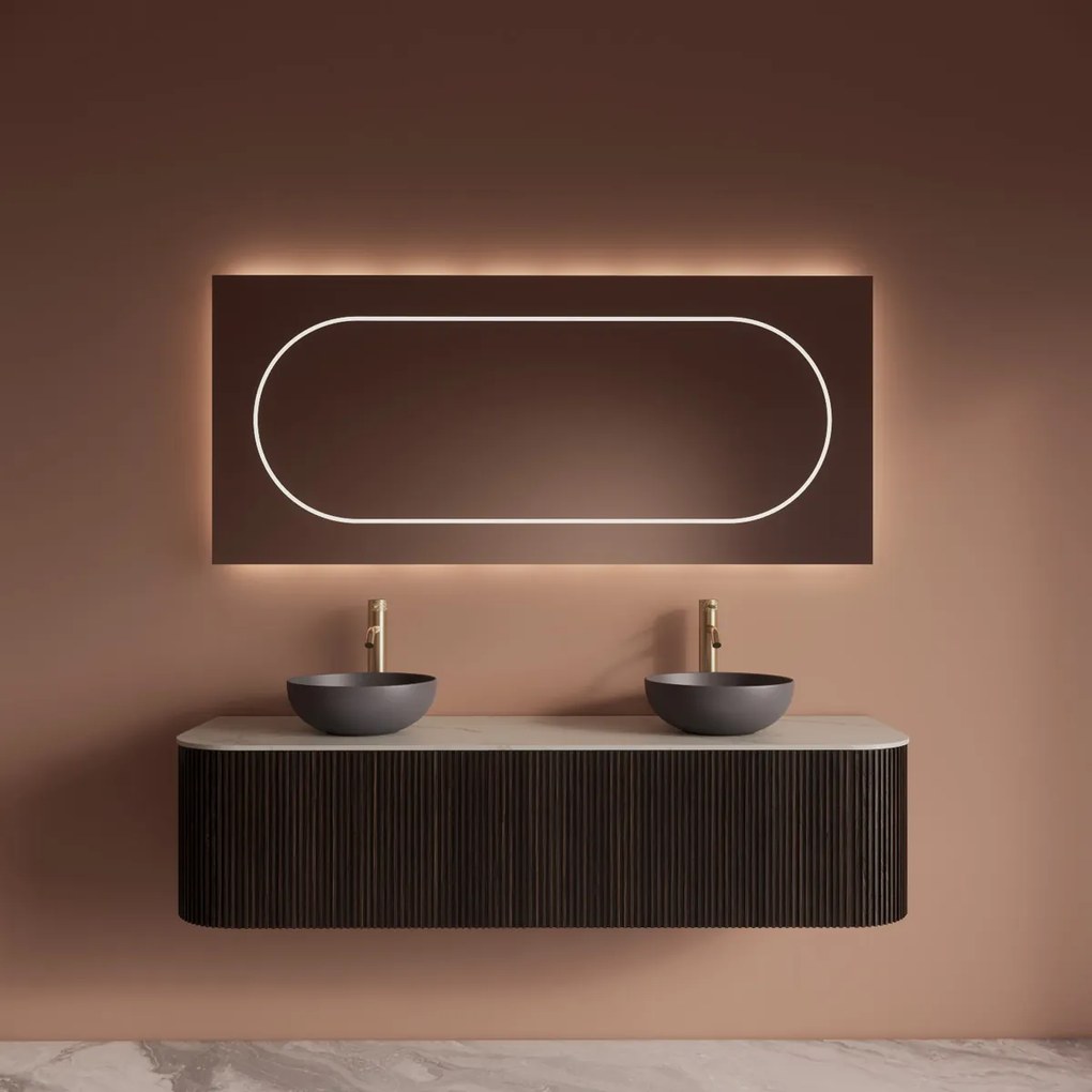 Gliss Design Alluro badmeubel ribbelfront met ronding links/rechts 160cm ebony en wit marmer toppaneel