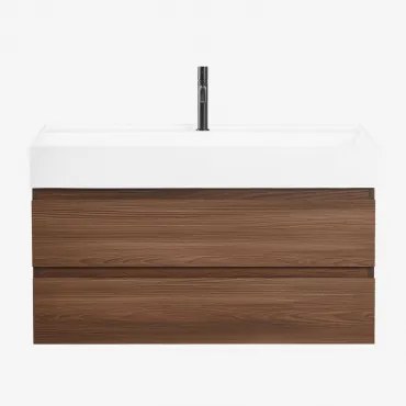 Badkamermeubelset Van Hout En Essenhoutfineer Met Geïntegreerde Wastafel Ona Donker Hout & Spiegelloze & Zwart ↑20 Cm Met - Sklum