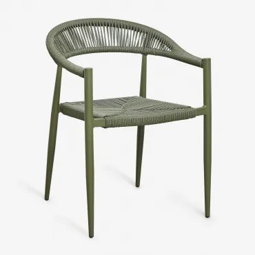 Stapelbare Set Van 4 Eetkamerstoelen Met Armleuningen Van Aluminium En Synthetisch Riet Amatria Groen – Intens Olijf - Sklum