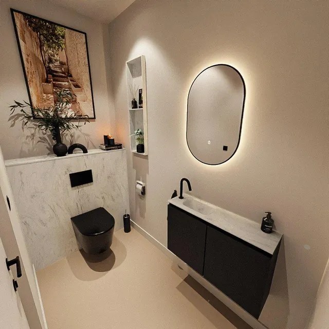 MONDIAZ TURE-DLUX 80cm toiletmeubel Urban. EDEN wastafel Opalo positie links. Met 1 kraangat. TUREDX80URBL1OPA