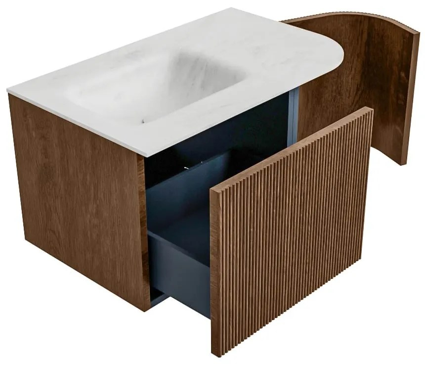 Mondiaz Kurve-dlux 75cm badmeubel ronding rechts walnut met 1 lade en deur en wastafel grunne links zonder kraangat opalo