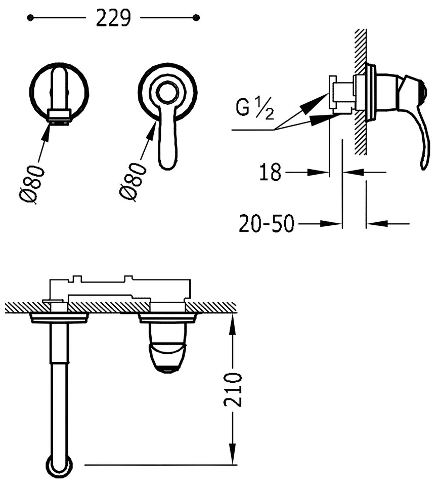 Tres Clasic inbouw wastafelkraan 21cm mat verouderd messing