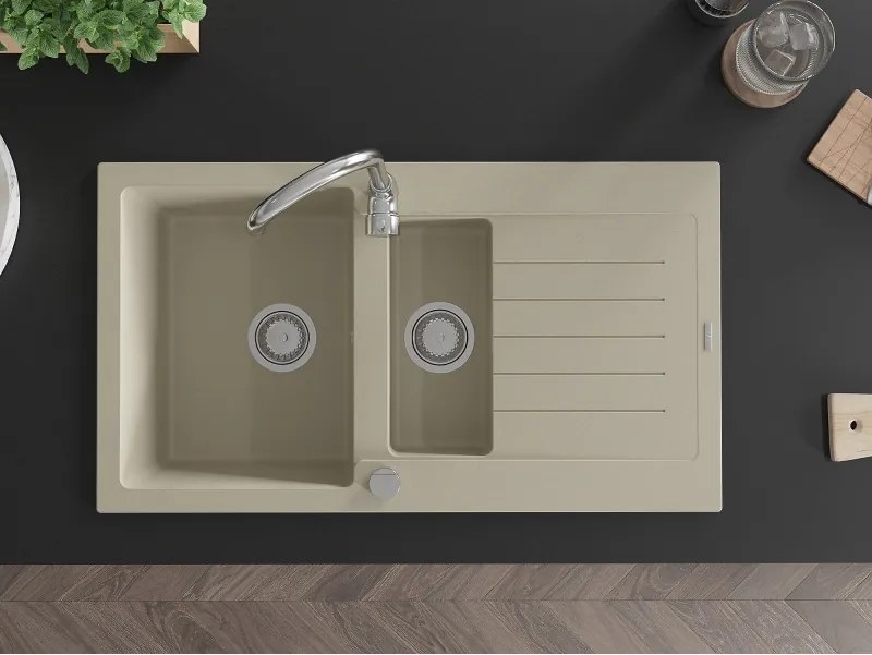 Mexen Matias granitische spoelbak 1,5-compartiment met afdruipruimte 900 x 505 mm, beige, sifon chroom - 6502901505-69