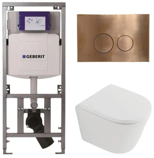 QeramiQ Dely Toiletset - 36.3x51.7cm - diepspoel - rimless - Geberit UP320 inbouwreservoir - softclose toilet zitting 35 mm - koperen bedieningsplaat - ronde knoppen - mat wit SW1026254/SW1000767/0701131/SW706196