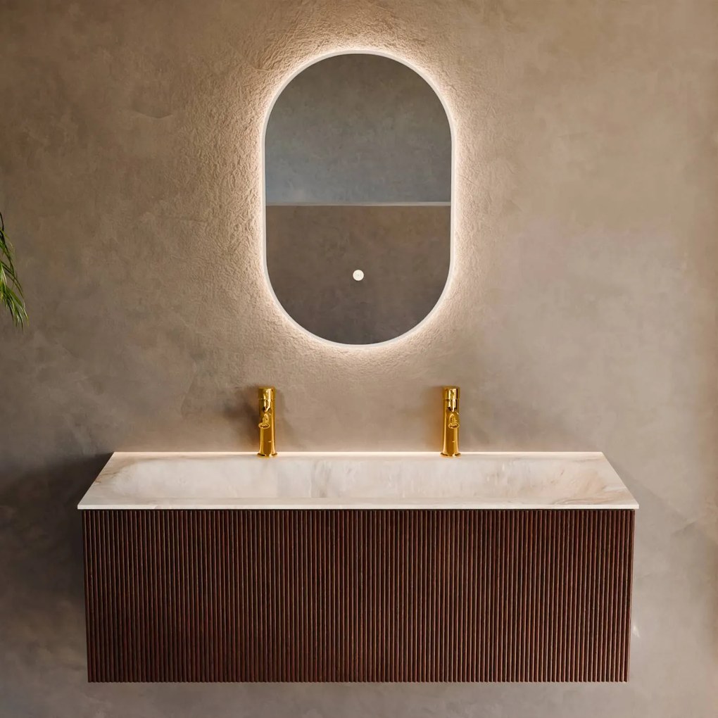Mondiaz Kurve-dlux 120cm badmeubel ruby met 1 lade en wastafel big large midden 2 kraangaten frappe